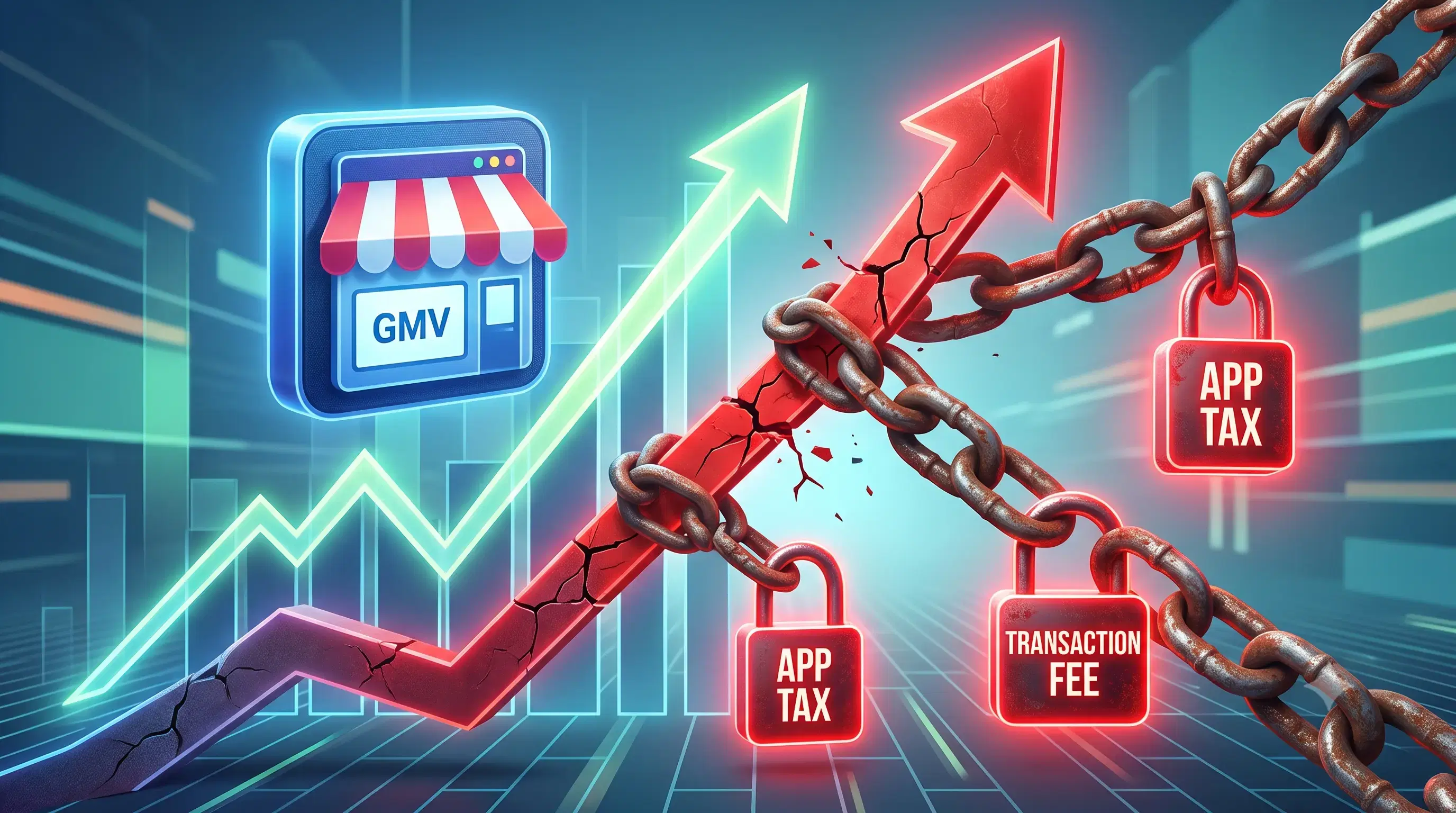 A GMV growth arrow breaking through rusted chains locked with App Tax and Transaction Fee padlocks