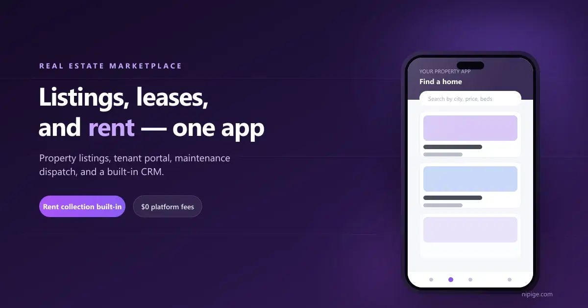 Real estate marketplace app showing property search, listings, and a tenant portal on a phone screen