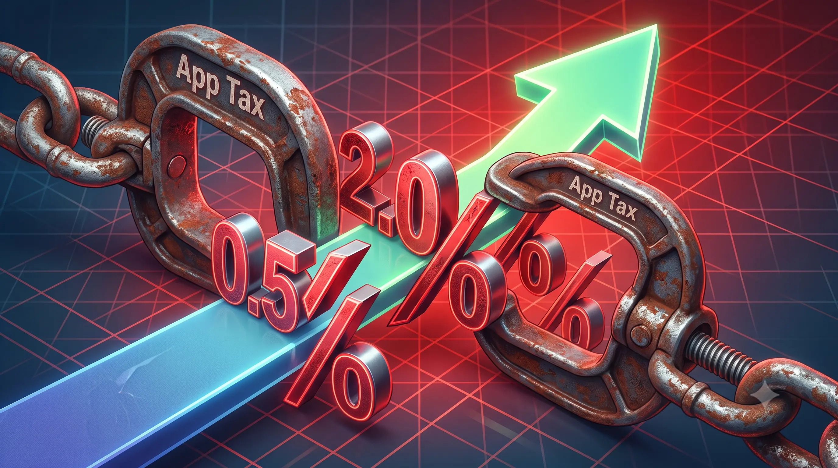 Two rusted chain links labeled App Tax with 0.5 percent and 2.0 percent transaction fees cutting across a green growth arrow