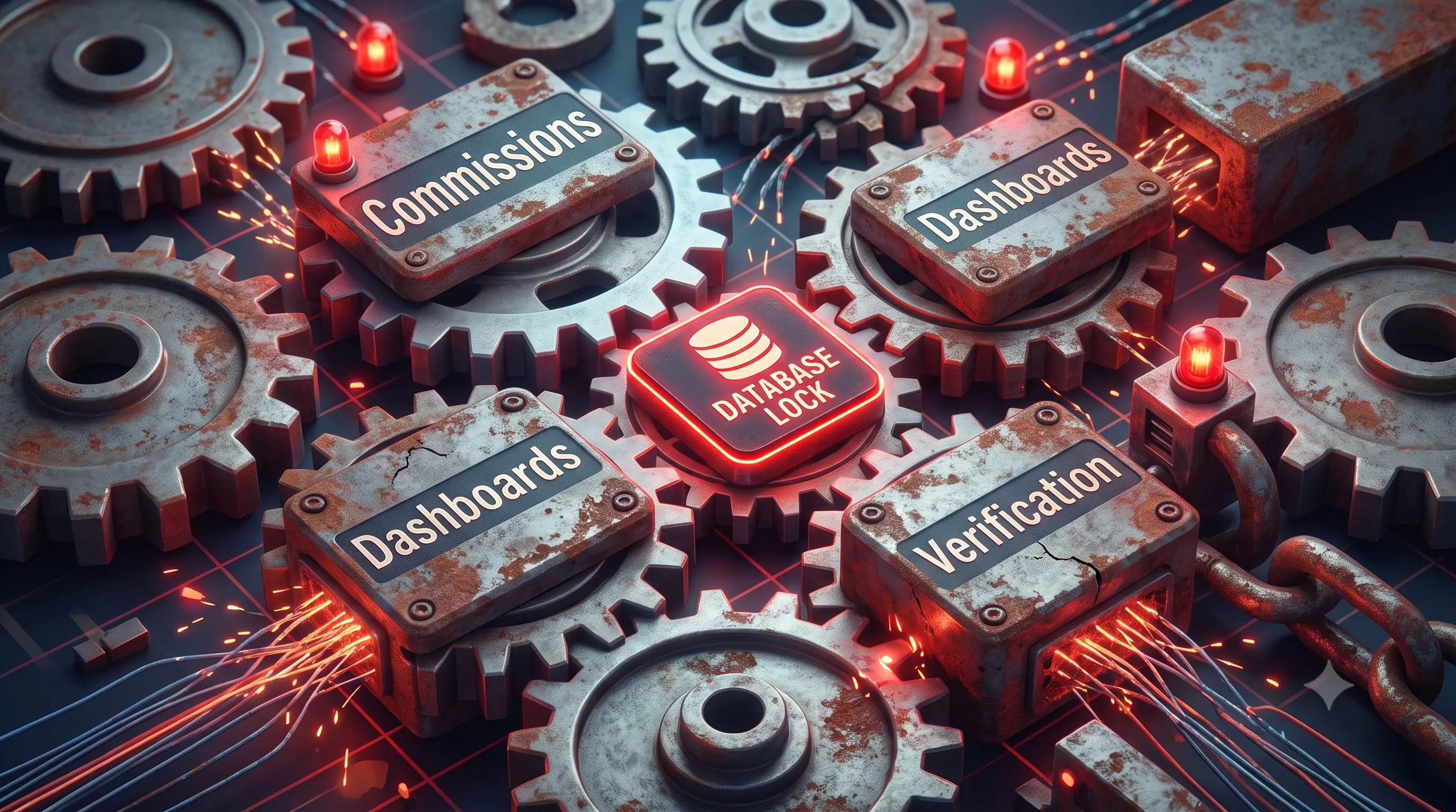 Six sparking gears labeled Commissions, Dashboards, Database Lock, and Verification, cracking under load