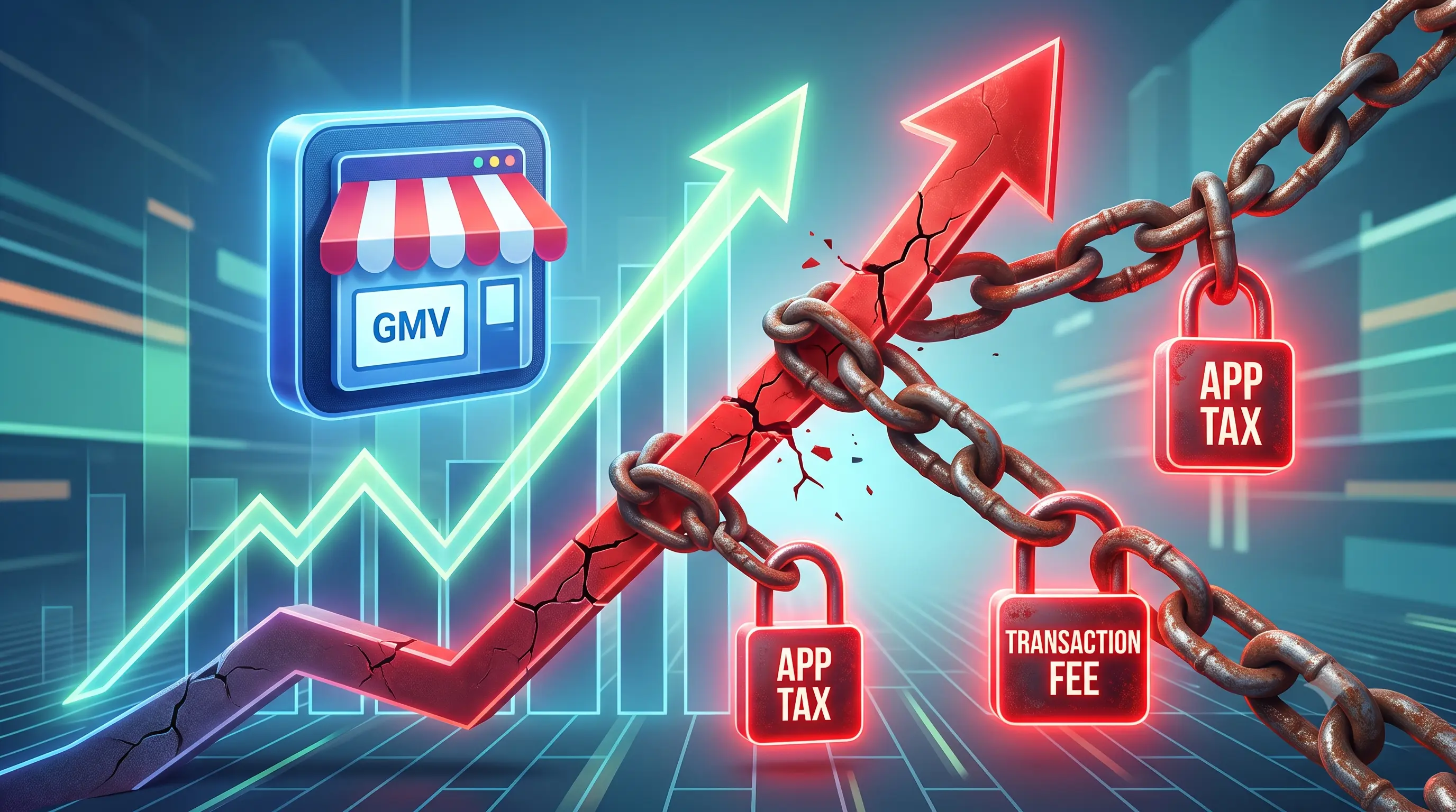 A GMV growth arrow breaking through rusted chains locked with App Tax and Transaction Fee padlocks