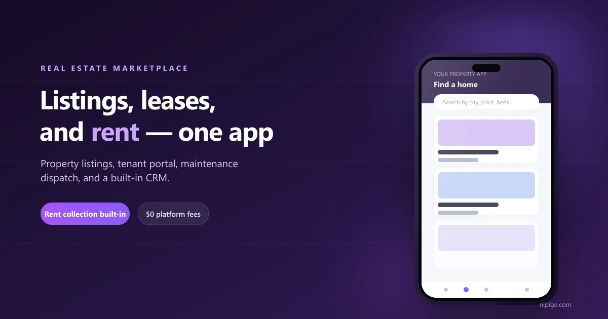 Real estate marketplace app showing property search, listings, and a tenant portal on a phone screen