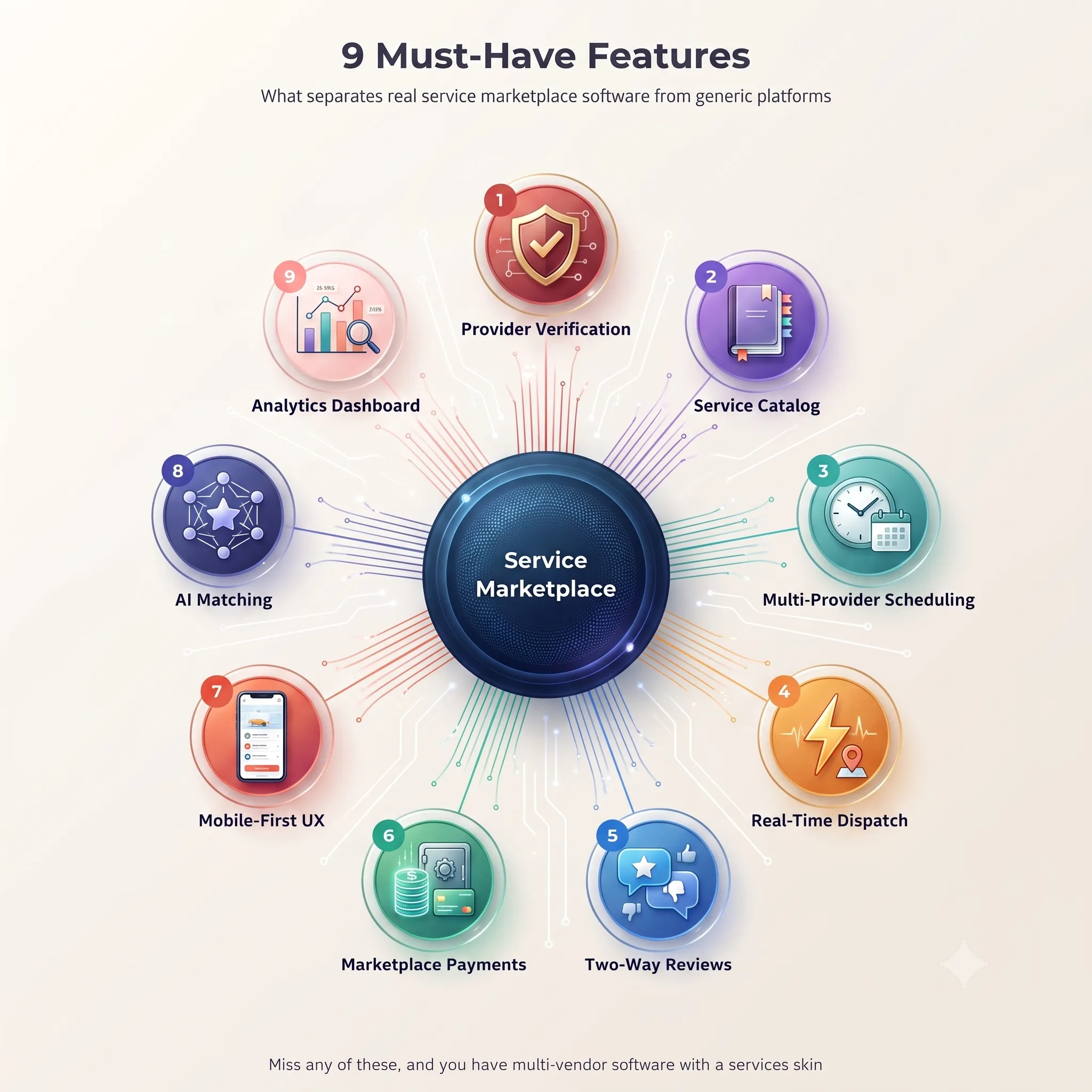 Nine must-have features in service marketplace software, from provider verification through analytics